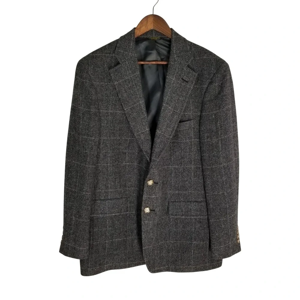 Palm Beach Vintage Mens Wool‎ Herringbone Windowpane Sport Coat Blazer Grey 44R